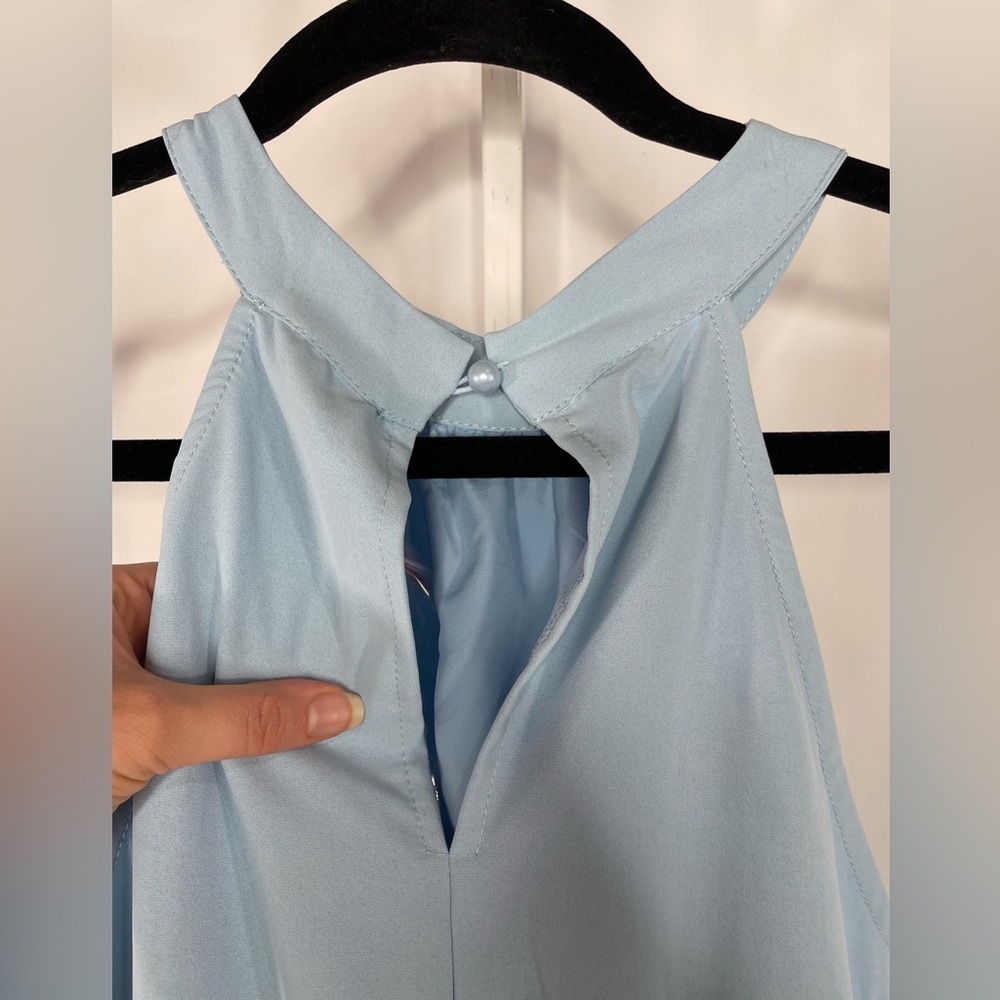 KIRUNDO Light Blue Pleated Midi Dress Halter Neck Sleeveless Flowy A-Line L - Picture 2 of 7